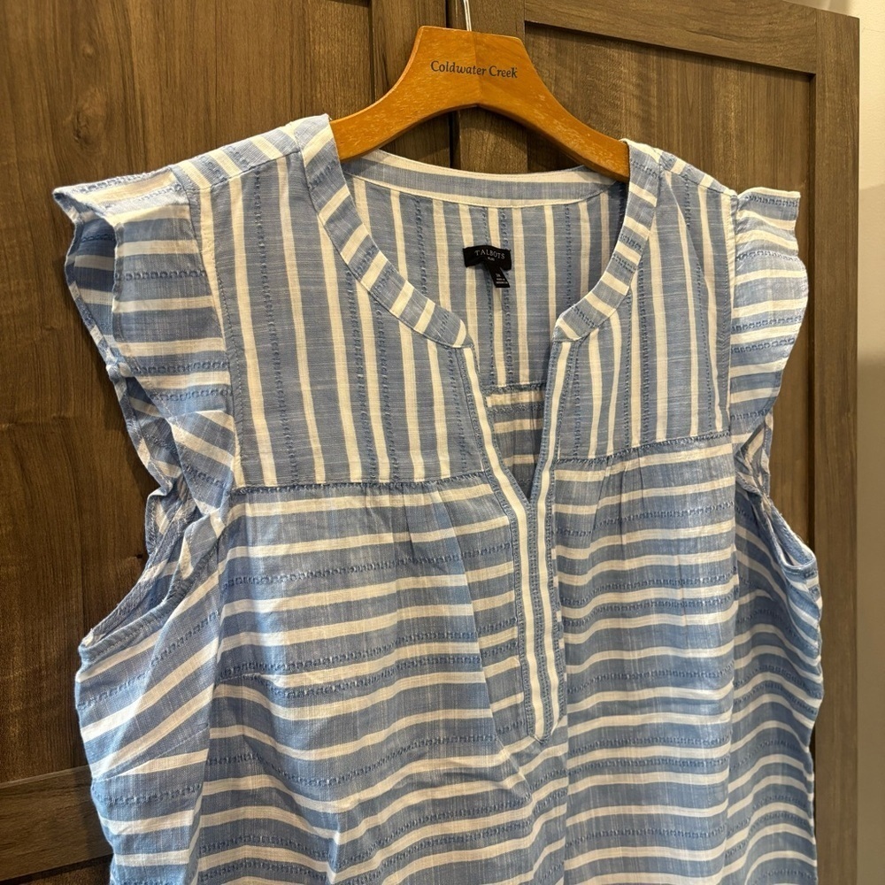 NWOT Talbots Plus 2X Shell Top Ruffle Trim Sleeveless Blouse Blue White Stiped - Picture 6 of 11
